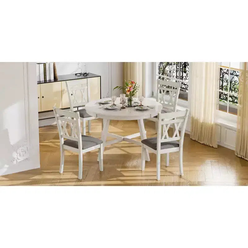 VECELO Rustic Dining Table Set, Rubber Wood Round Table and Upholstered Dining Chairs for Kitchen, Gray