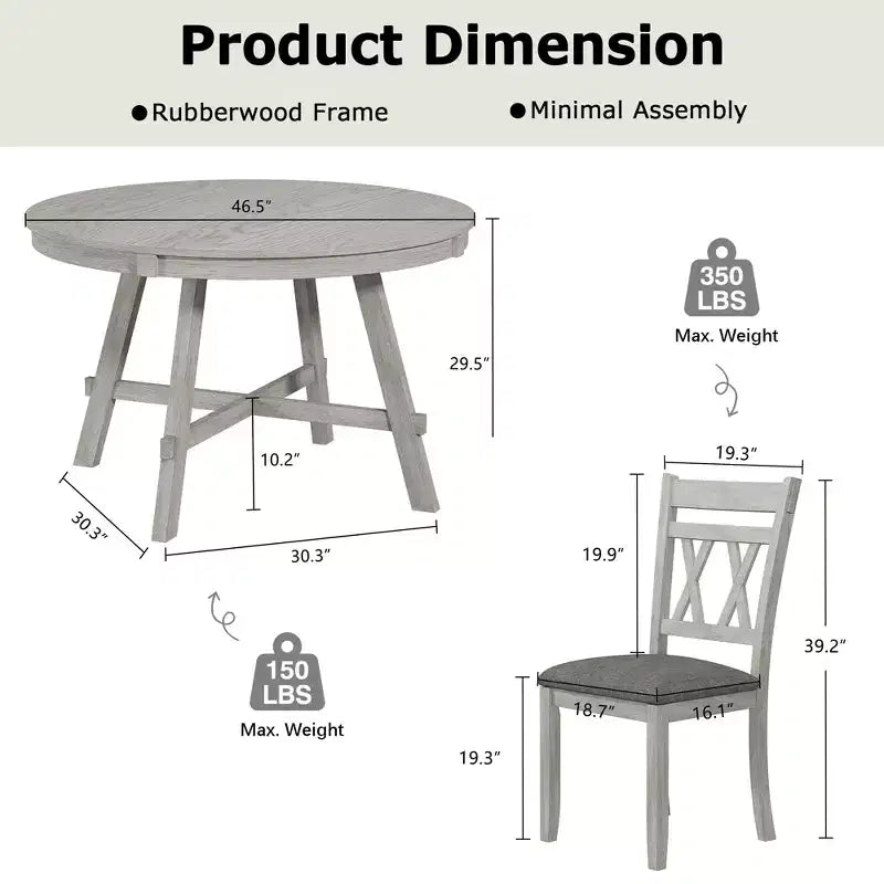 VECELO Rustic Dining Table Set, Rubber Wood Round Table and Upholstered Dining Chairs for Kitchen, Gray