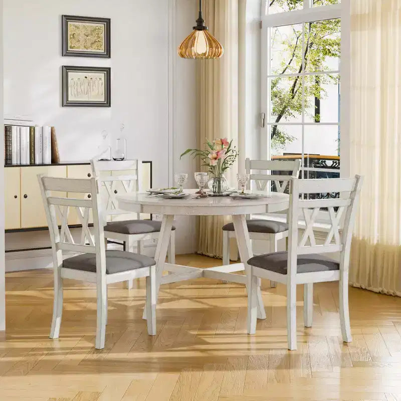 VECELO Rustic Dining Table Set, Rubber Wood Round Table and Upholstered Dining Chairs for Kitchen, Gray