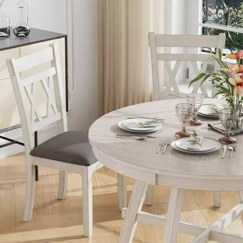 VECELO Rustic Dining Table Set, Rubber Wood Round Table and Upholstered Dining Chairs for Kitchen, Gray