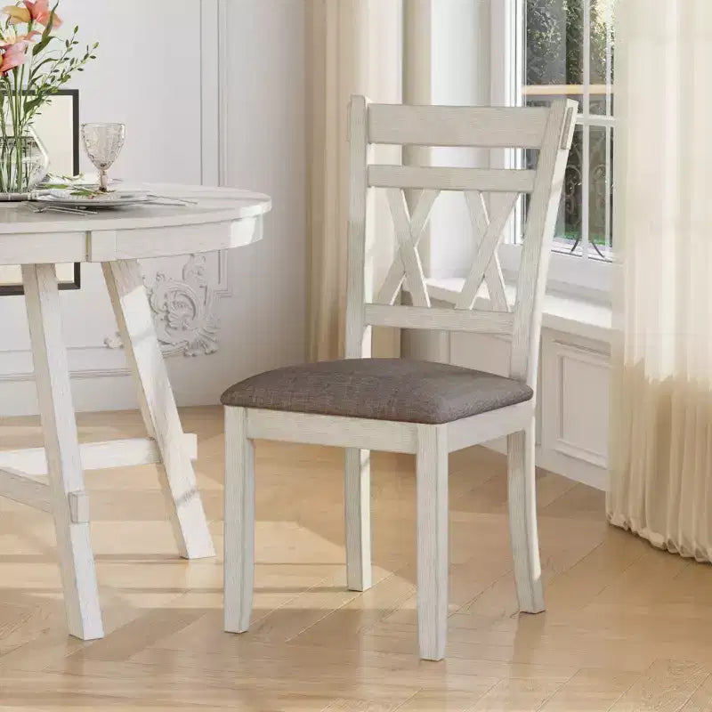 VECELO Rustic Dining Table Set, Rubber Wood Round Table and Upholstered Dining Chairs for Kitchen, Gray