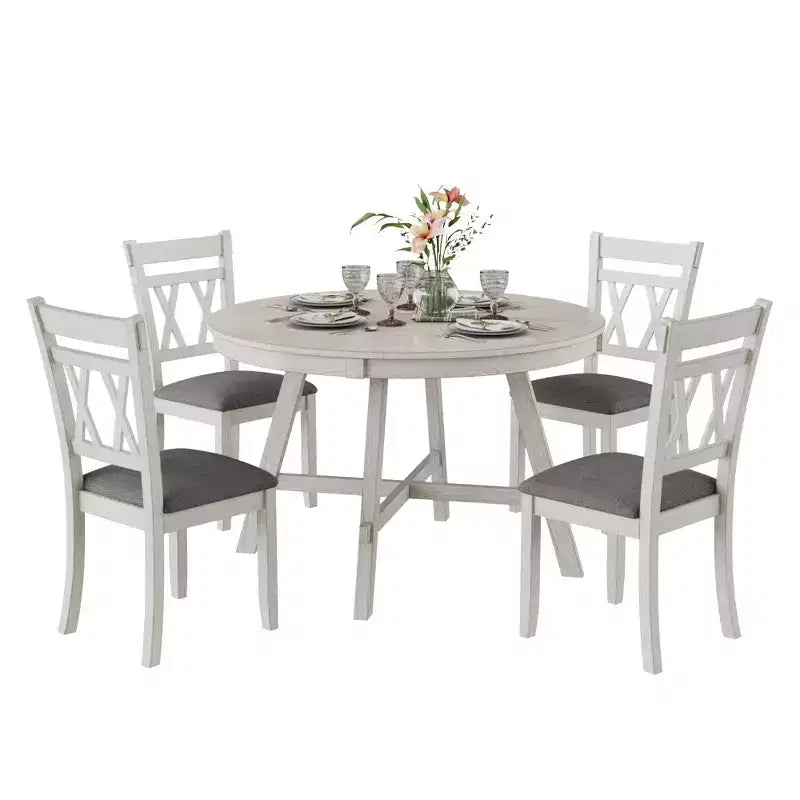 VECELO Rustic Dining Table Set, Rubber Wood Round Table and Upholstered Dining Chairs for Kitchen, Gray