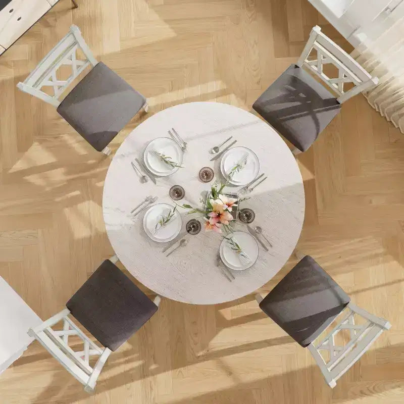 VECELO Rustic Dining Table Set, Rubber Wood Round Table and Upholstered Dining Chairs for Kitchen, Gray
