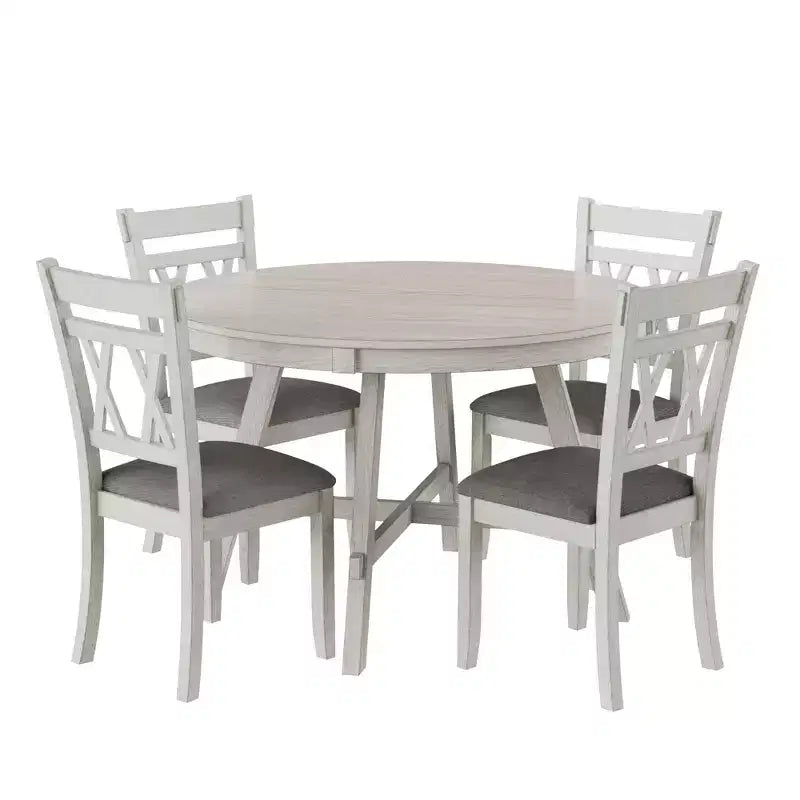 VECELO Rustic Dining Table Set, Rubber Wood Round Table and Upholstered Dining Chairs for Kitchen, Gray