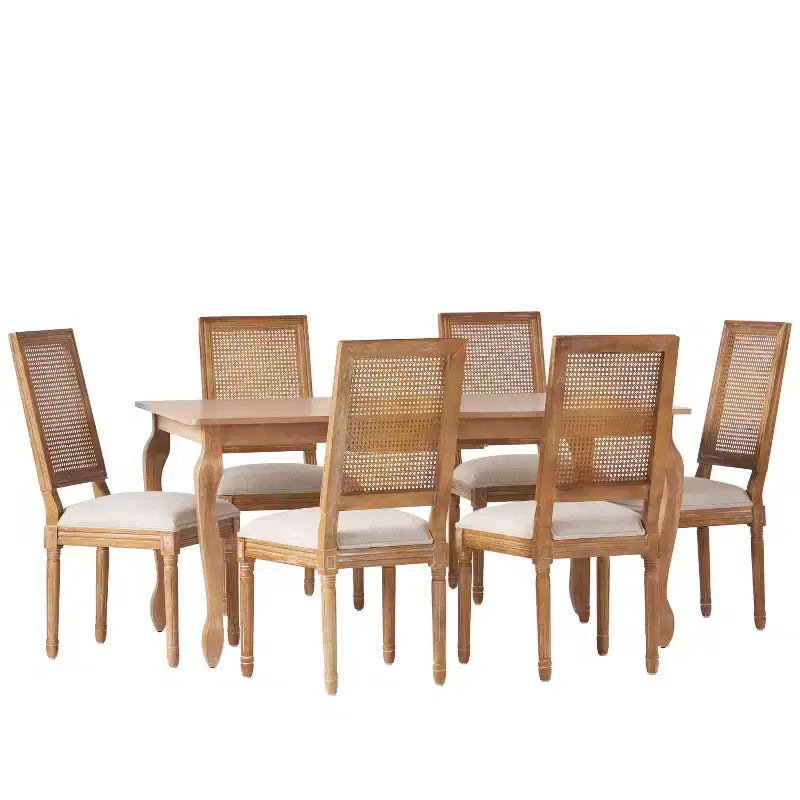 Christopher Knight Home Regan 7 Piece French Country Fabric Upholstered Wood and Cane Expandable Dining Set