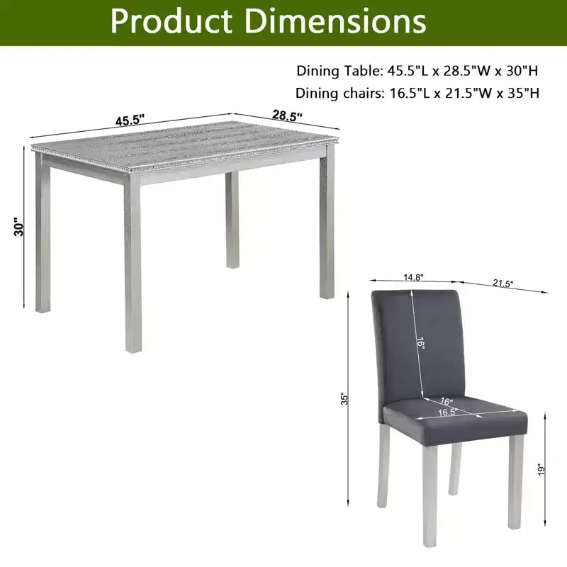 5 Piece Kitchen Table Set with a Rectangular Table and 4 Upholstered Chairs, Wooden Dining Room Table with Crystal Decoration and Chairs Set