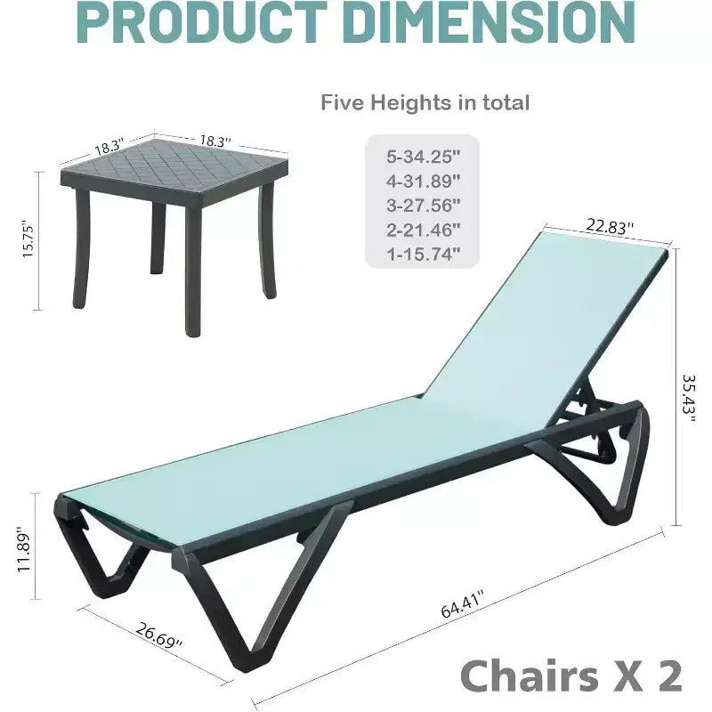 Okak Patio Chaise Lounge Outdoor Premium Aluminum Tanning Chair,Optional Table,Reclining Outdoor Chair Poolside Chaise for Beach,Deck&Garden
