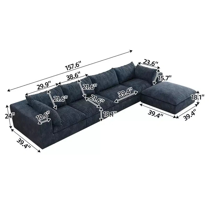 GDFStudio Jocelyn Modern 4-Seater Corduroy Fabric and Feather-filled Upholstered L-Shaped Sectional Sofas with Ottoman