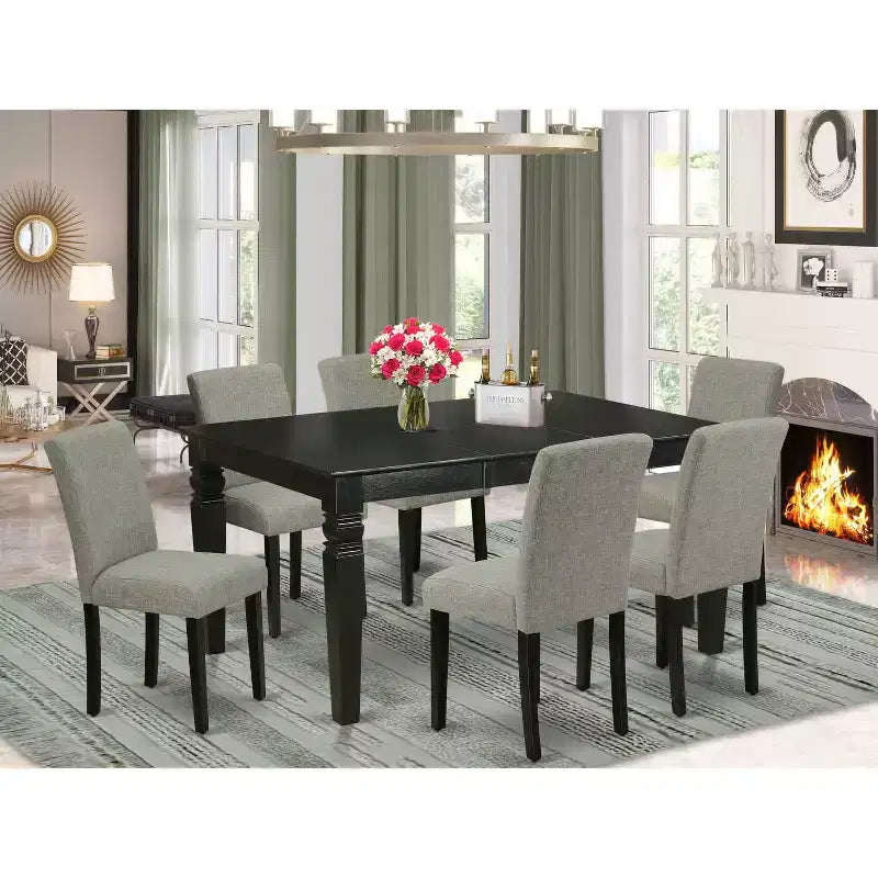 HomeStock 7 Piece Rectangle Dining Set Black Shitake Linen Fabric