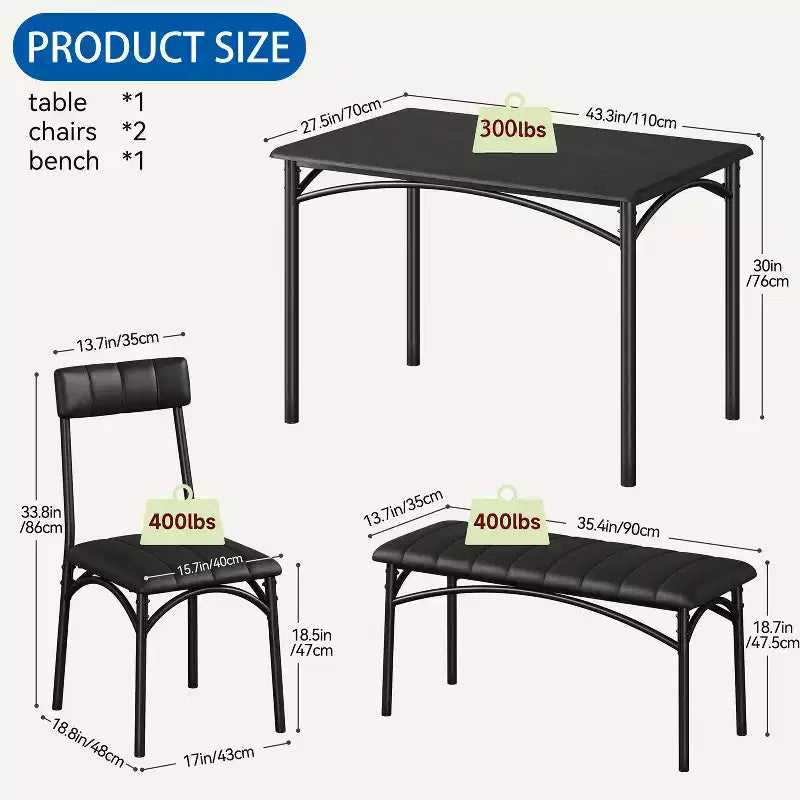 Dining Table Set for 4, Kitchen Table with Chairs, Rectangular Wood Dining Room Table with Upholstered Bench for Small Space, Dinner, Apartment