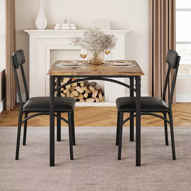Dining Table Set for 2, Kitchen Table with Upholstered Chairs, Square Wood Dining Room Table Set for Small Space, Dinner, Apartment