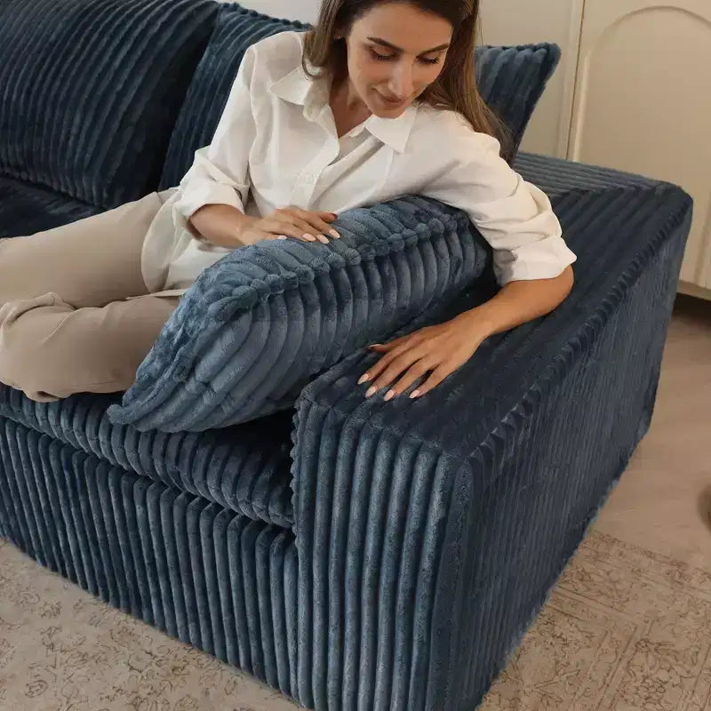 157.6 White Corduroy Fabric DIY Combination Cloud Sofa Deep Seat Couches with 2 Ottomans Double-layer design Removable Cushion No Assembly