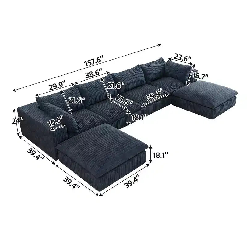 157.6 White Corduroy Fabric DIY Combination Cloud Sofa Deep Seat Couches with 2 Ottomans Double-layer design Removable Cushion No Assembly