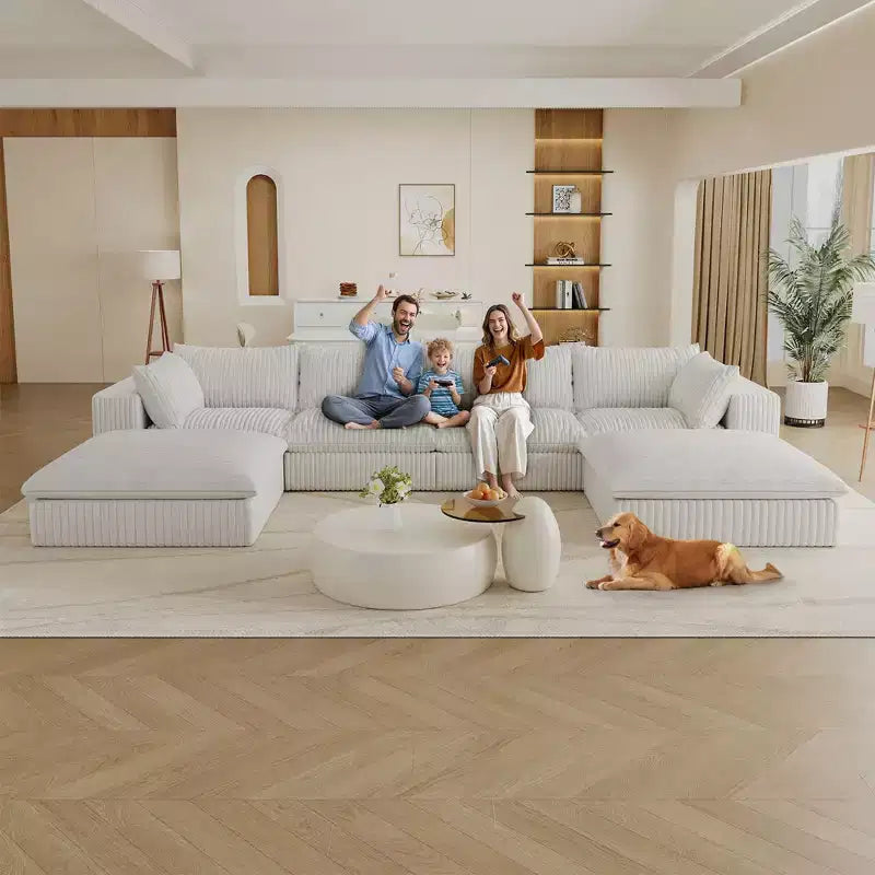 157.6 White Corduroy Fabric DIY Combination Cloud Sofa Deep Seat Couches with 2 Ottomans Double-layer design Removable Cushion No Assembly