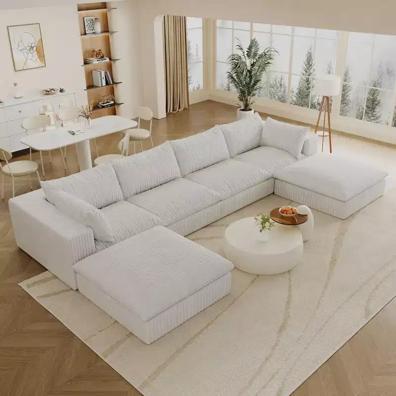 157.6 White Corduroy Fabric DIY Combination Cloud Sofa Deep Seat Couches with 2 Ottomans Double-layer design Removable Cushion No Assembly
