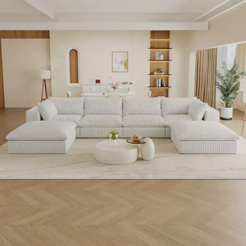 157.6 White Corduroy Fabric DIY Combination Cloud Sofa Deep Seat Couches with 2 Ottomans Double-layer design Removable Cushion No Assembly