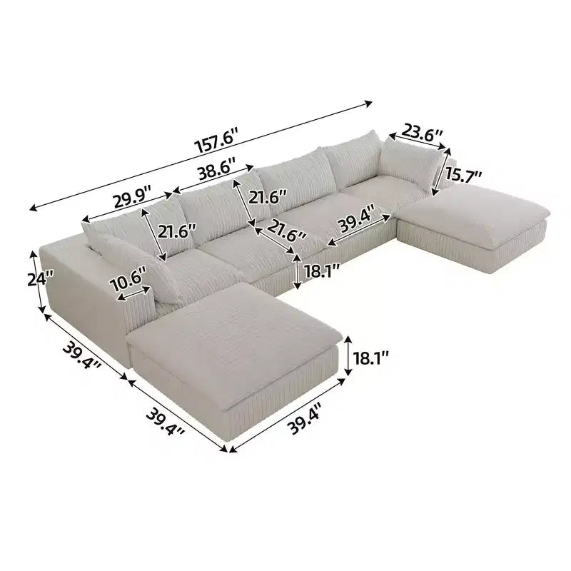 157.6 White Corduroy Fabric DIY Combination Cloud Sofa Deep Seat Couches with 2 Ottomans Double-layer design Removable Cushion No Assembly