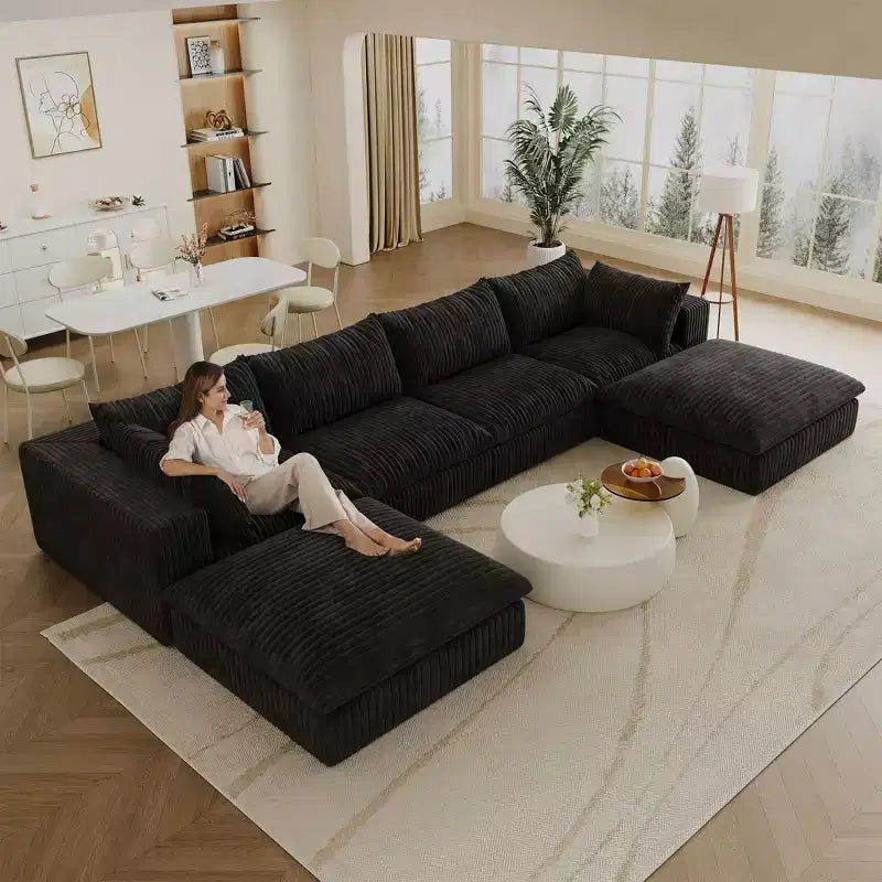 157.6 White Corduroy Fabric DIY Combination Cloud Sofa Deep Seat Couches with 2 Ottomans Double-layer design Removable Cushion No Assembly