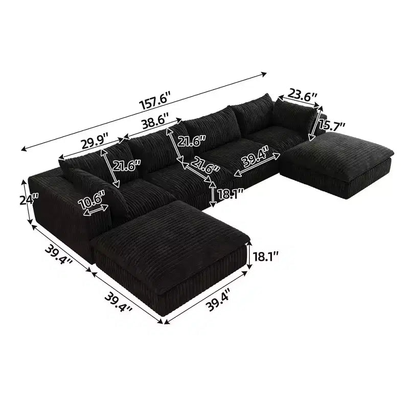 157.6 White Corduroy Fabric DIY Combination Cloud Sofa Deep Seat Couches with 2 Ottomans Double-layer design Removable Cushion No Assembly