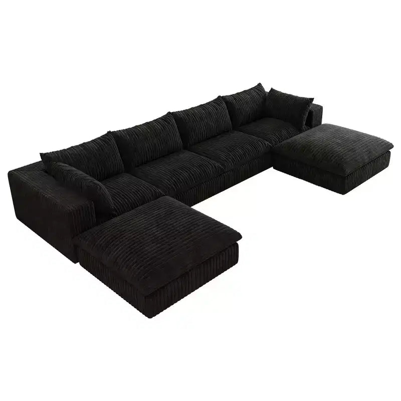 157.6 White Corduroy Fabric DIY Combination Cloud Sofa Deep Seat Couches with 2 Ottomans Double-layer design Removable Cushion No Assembly