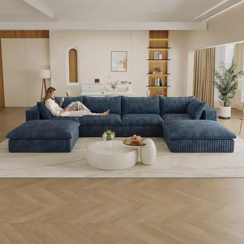 157.6 White Corduroy Fabric DIY Combination Cloud Sofa Deep Seat Couches with 2 Ottomans Double-layer design Removable Cushion No Assembly