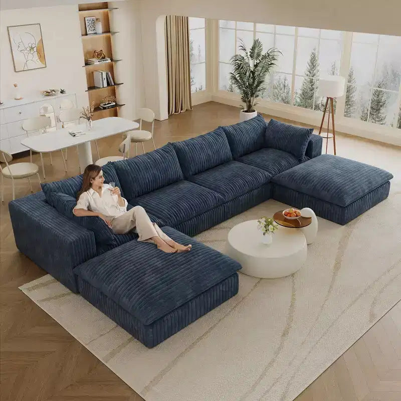 157.6 White Corduroy Fabric DIY Combination Cloud Sofa Deep Seat Couches with 2 Ottomans Double-layer design Removable Cushion No Assembly