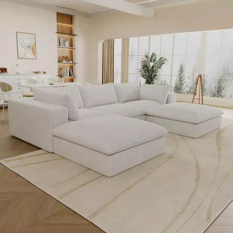 118.2 Blue Corduroy Fabric DIY Combination Cloud Sofa Deep Seat Couches with 2 Ottomans Double-layer design Removable Cushion No Assembly