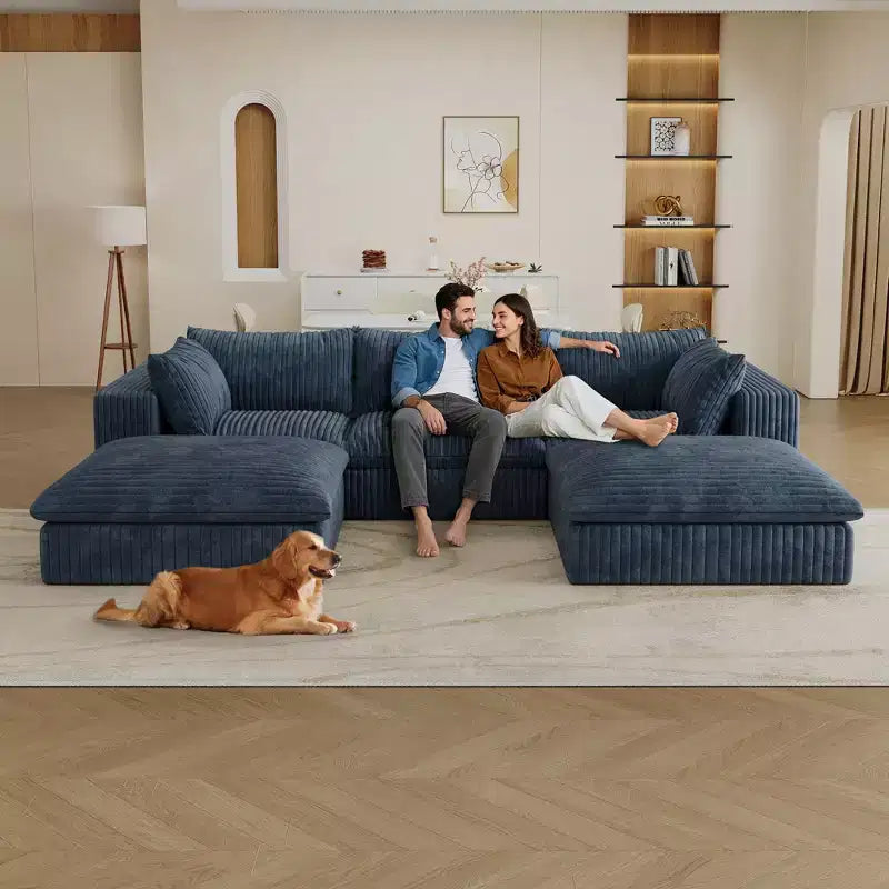 118.2 Blue Corduroy Fabric DIY Combination Cloud Sofa Deep Seat Couches with 2 Ottomans Double-layer design Removable Cushion No Assembly