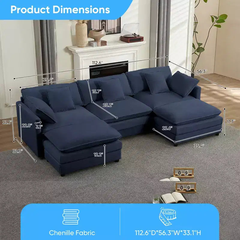 Mjkone 113'' U-Shaped Modular Sectional Sofa, 5-Seat Cloud Couch with 2 Ottomans, Modern Chenille Sofa Sleeper Deep Seat Couches