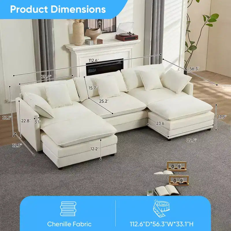 Mjkone 113'' U-Shaped Modular Sectional Sofa, 5-Seat Cloud Couch with 2 Ottomans, Modern Chenille Sofa Sleeper Deep Seat Couches