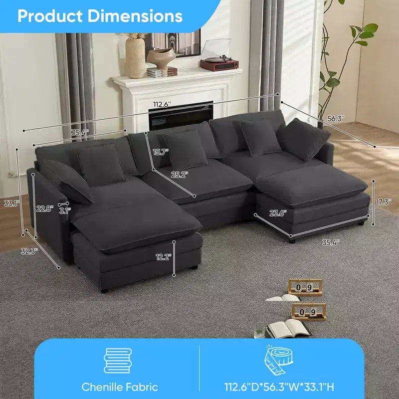 Mjkone 113'' U-Shaped Modular Sectional Sofa, 5-Seat Cloud Couch with 2 Ottomans, Modern Chenille Sofa Sleeper Deep Seat Couches