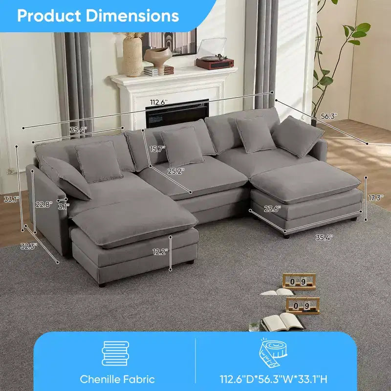 Mjkone 113'' U-Shaped Modular Sectional Sofa, 5-Seat Cloud Couch with 2 Ottomans, Modern Chenille Sofa Sleeper Deep Seat Couches