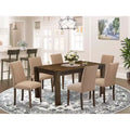 HomeStock Belmont 7Pc Dining Room Table Set , Rectangle Table and 6 Parson Chairs with Light Sable Color Linen Fabric, Distressed Jacobean Finish