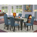 HomeStock Belmont 7Pc Dinette Set Includes a Rectangular Kitchen Table with Butterfly Leaf and Six Parson Chairs with Blue Fabric, Black Finish