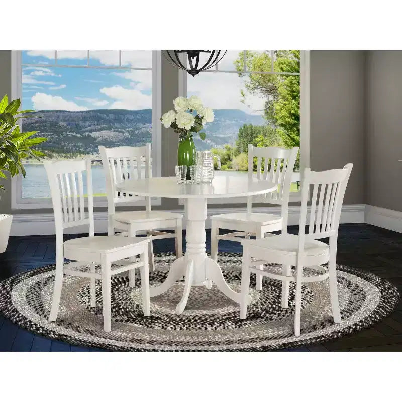 HomeStock 5 Piece Kitchen Table & Chairs Set Includes a Round Dining Room Table with Dropleaf and 4 Dining Chairs, 42x42 Inch, Linen White