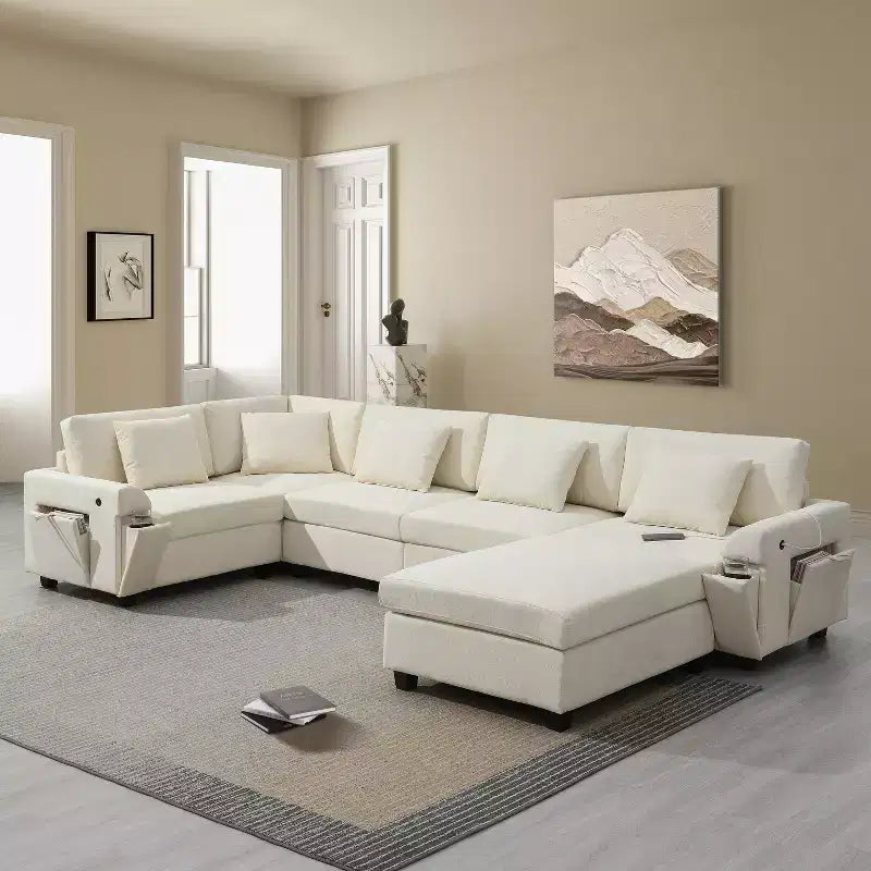 128*67 Inch 6-Seat U-Shaped Chenille Sectional Sofa with Ottoman, Storage, Cup Holders, USB Ports