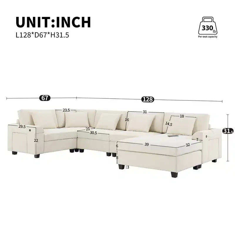 128*67 Inch 6-Seat U-Shaped Chenille Sectional Sofa with Ottoman, Storage, Cup Holders, USB Ports