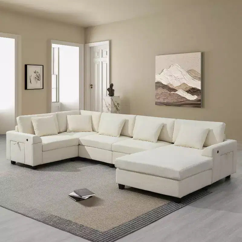 128*67 Inch 6-Seat U-Shaped Chenille Sectional Sofa with Ottoman, Storage, Cup Holders, USB Ports