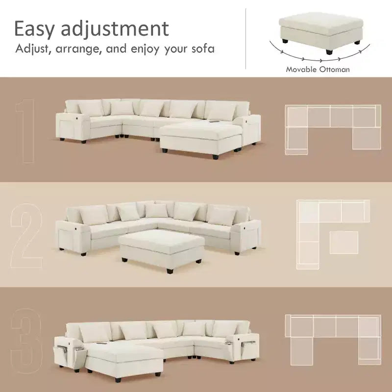 128*67 Inch 6-Seat U-Shaped Chenille Sectional Sofa with Ottoman, Storage, Cup Holders, USB Ports