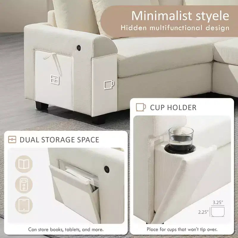 128*67 Inch 6-Seat U-Shaped Chenille Sectional Sofa with Ottoman, Storage, Cup Holders, USB Ports