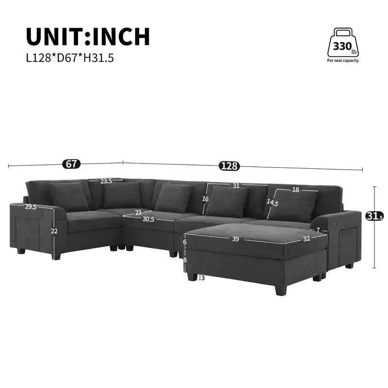 128*67 Inch 6-Seat U-Shaped Chenille Sectional Sofa with Ottoman, Storage, Cup Holders, USB Ports