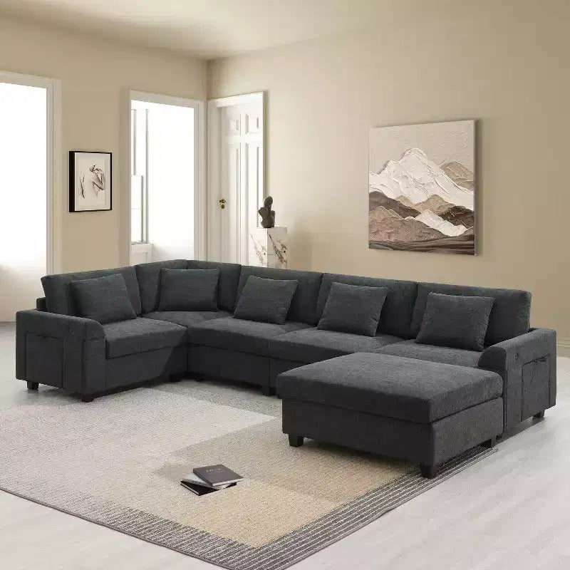 128*67 Inch 6-Seat U-Shaped Chenille Sectional Sofa with Ottoman, Storage, Cup Holders, USB Ports