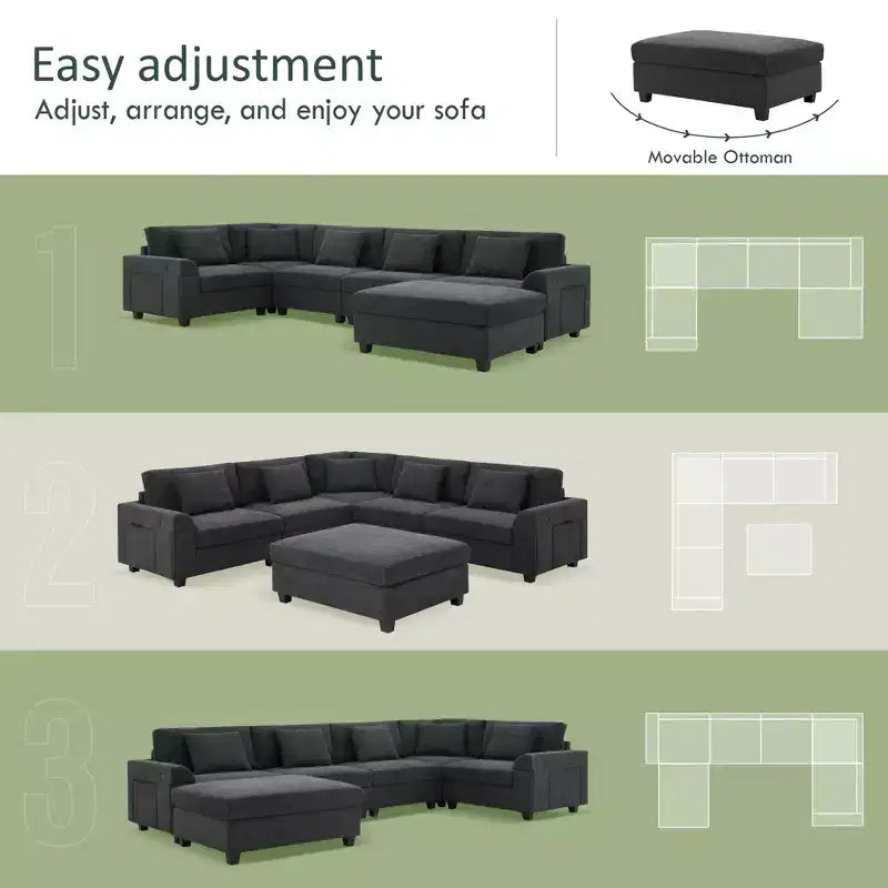 128*67 Inch 6-Seat U-Shaped Chenille Sectional Sofa with Ottoman, Storage, Cup Holders, USB Ports