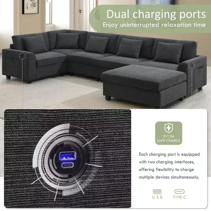 128*67 Inch 6-Seat U-Shaped Chenille Sectional Sofa with Ottoman, Storage, Cup Holders, USB Ports