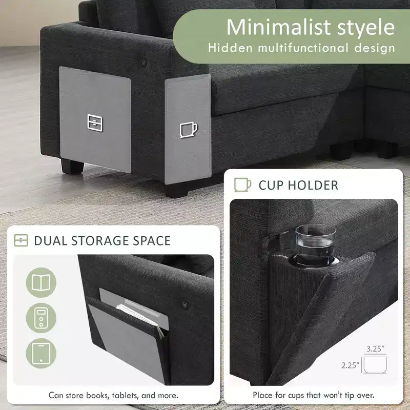 128*67 Inch 6-Seat U-Shaped Chenille Sectional Sofa with Ottoman, Storage, Cup Holders, USB Ports