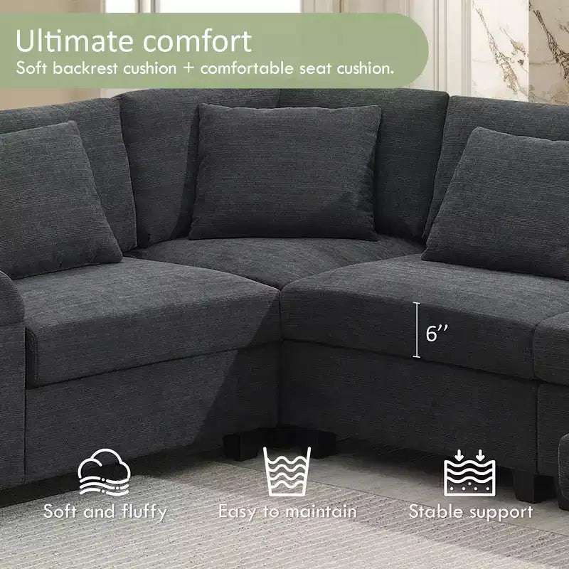 128*67 Inch 6-Seat U-Shaped Chenille Sectional Sofa with Ottoman, Storage, Cup Holders, USB Ports