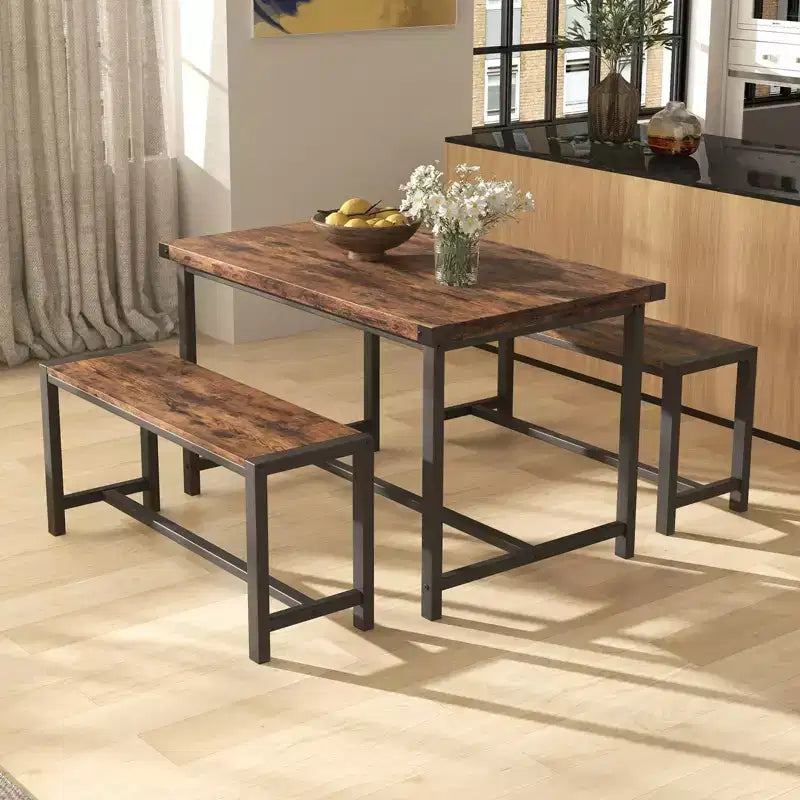 COZONY 3-Piece Dining Table Set for 4, Wood Kitchen Table with 2 Benches, Space-Saving Dinette Furniture for Small Spaces & Apartments