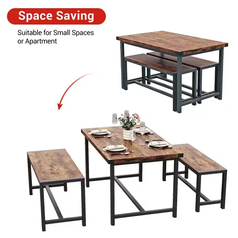 COZONY 3-Piece Dining Table Set for 4, Wood Kitchen Table with 2 Benches, Space-Saving Dinette Furniture for Small Spaces & Apartments