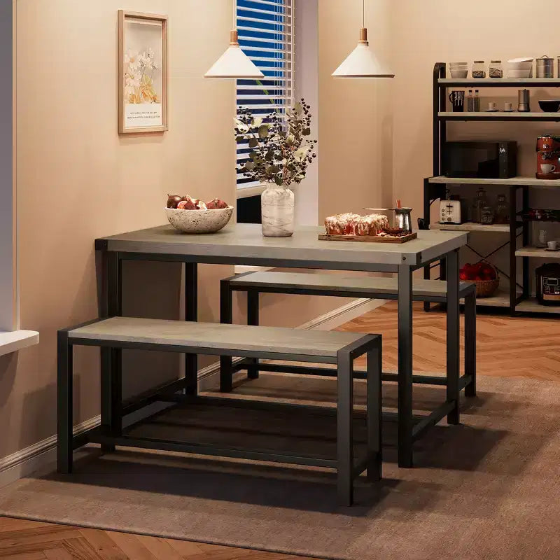COZONY 3-Piece Dining Table Set for 4, Wood Kitchen Table with 2 Benches, Space-Saving Dinette Furniture for Small Spaces & Apartments