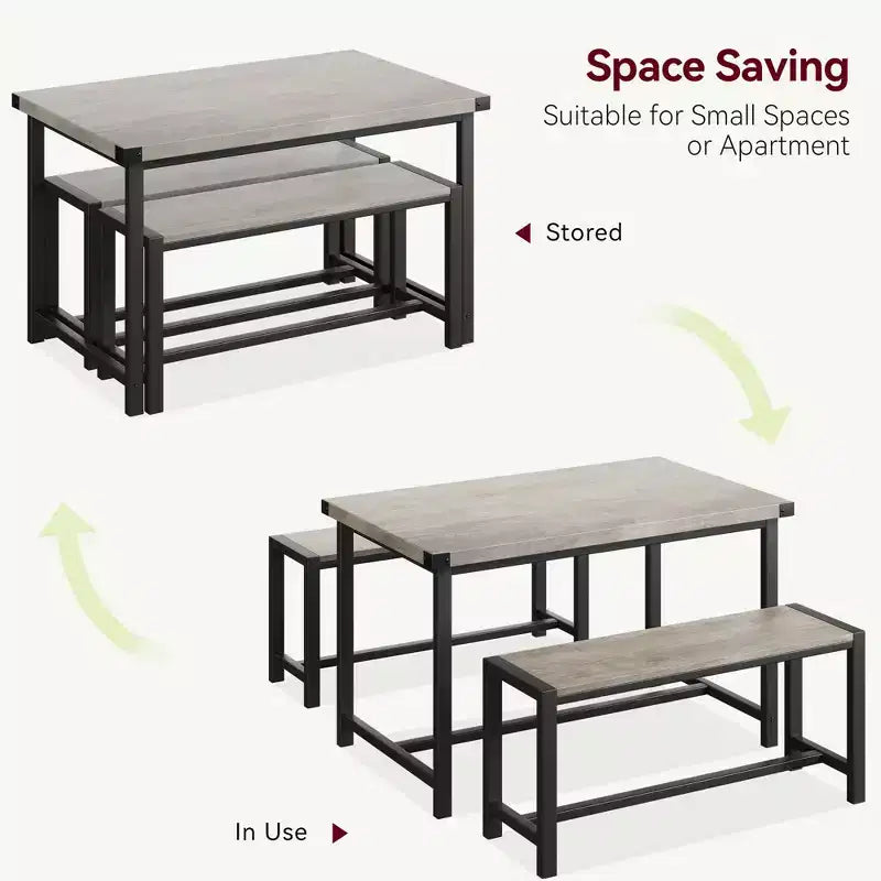 COZONY 3-Piece Dining Table Set for 4, Wood Kitchen Table with 2 Benches, Space-Saving Dinette Furniture for Small Spaces & Apartments